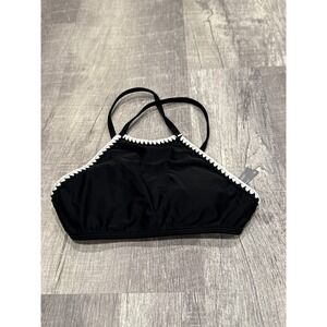 Aerie Black Halter Bikini XS Top‎ White Scalloped Trim Swimwear Beach Summer